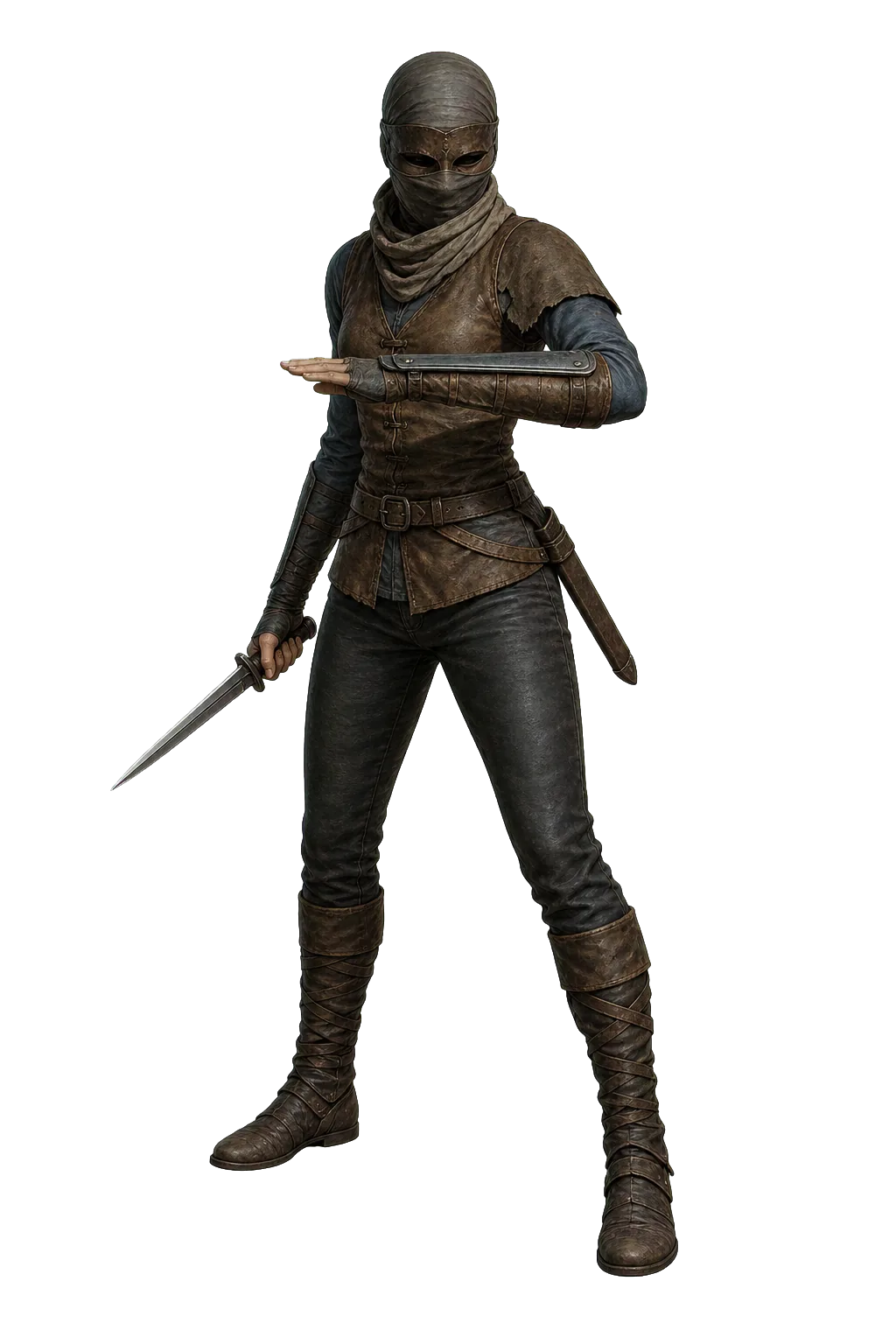 Current Flurry Stalker: upright, one armored forearm raised, one short blade held low