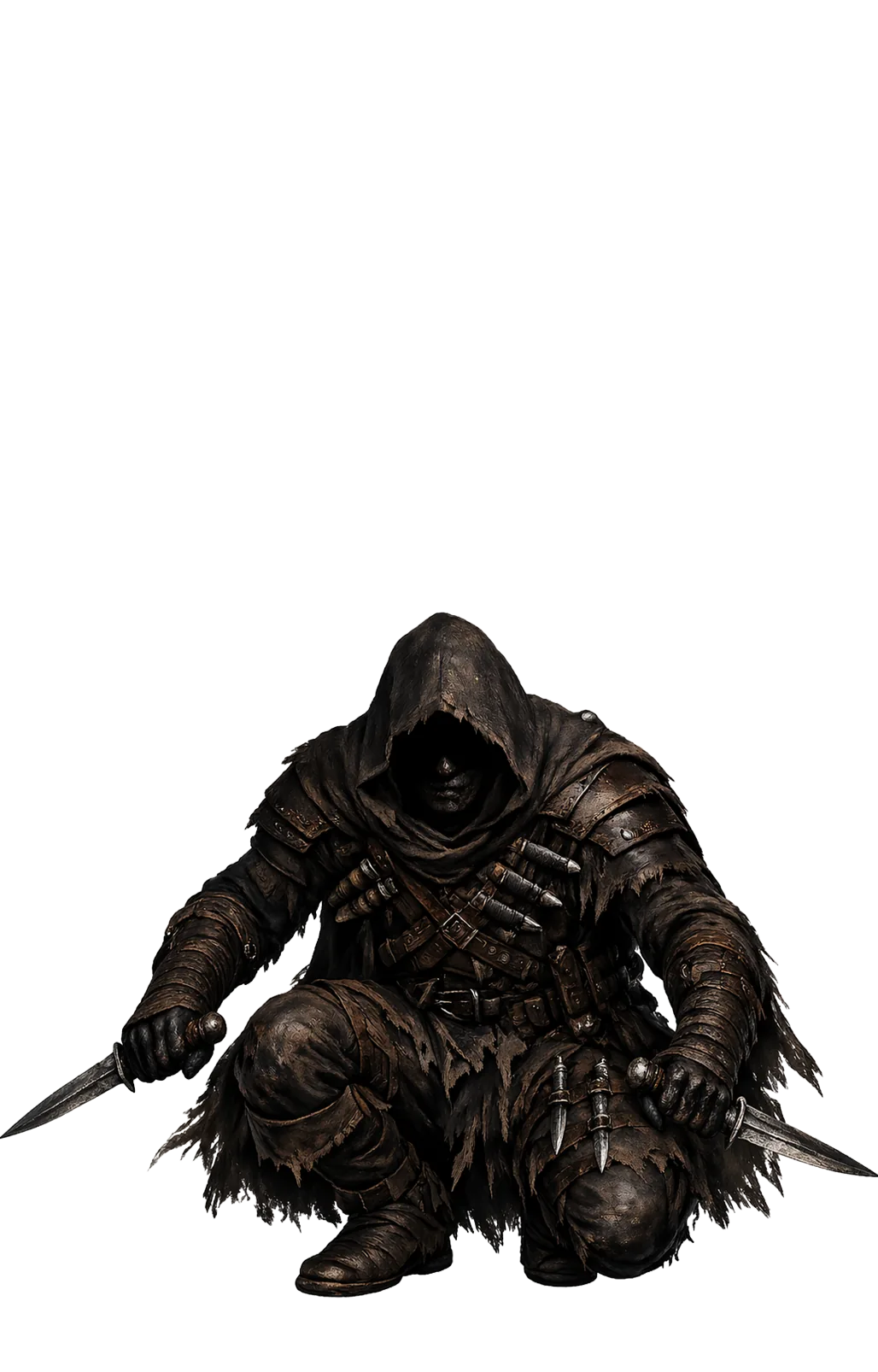 First Flurry Stalker: a hooded rogue crouched low, covered in straps and knives