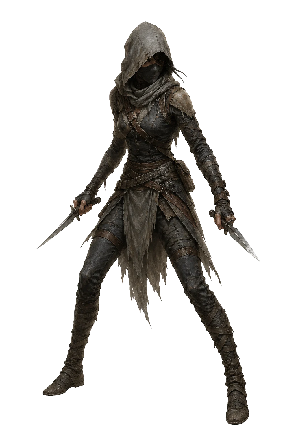 Second Flurry Stalker: a standing hooded figure with two daggers, several belts and a tattered cloak