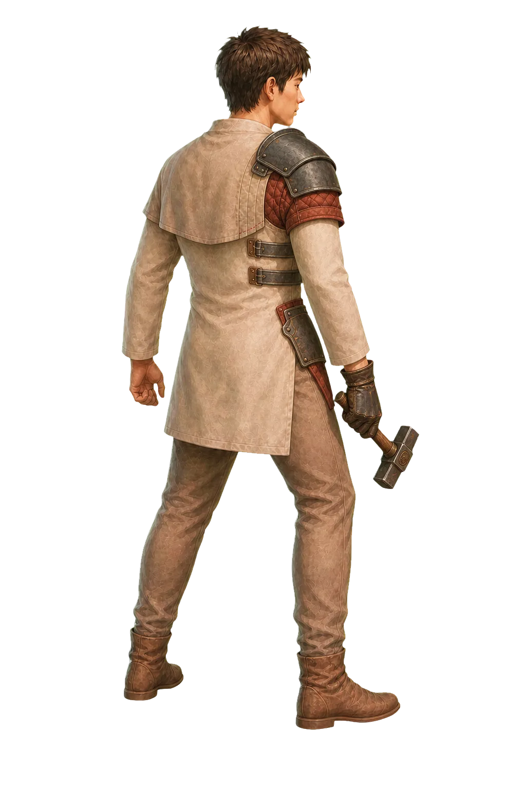 The hero committed to Strength: one armored shoulder and a small hammer