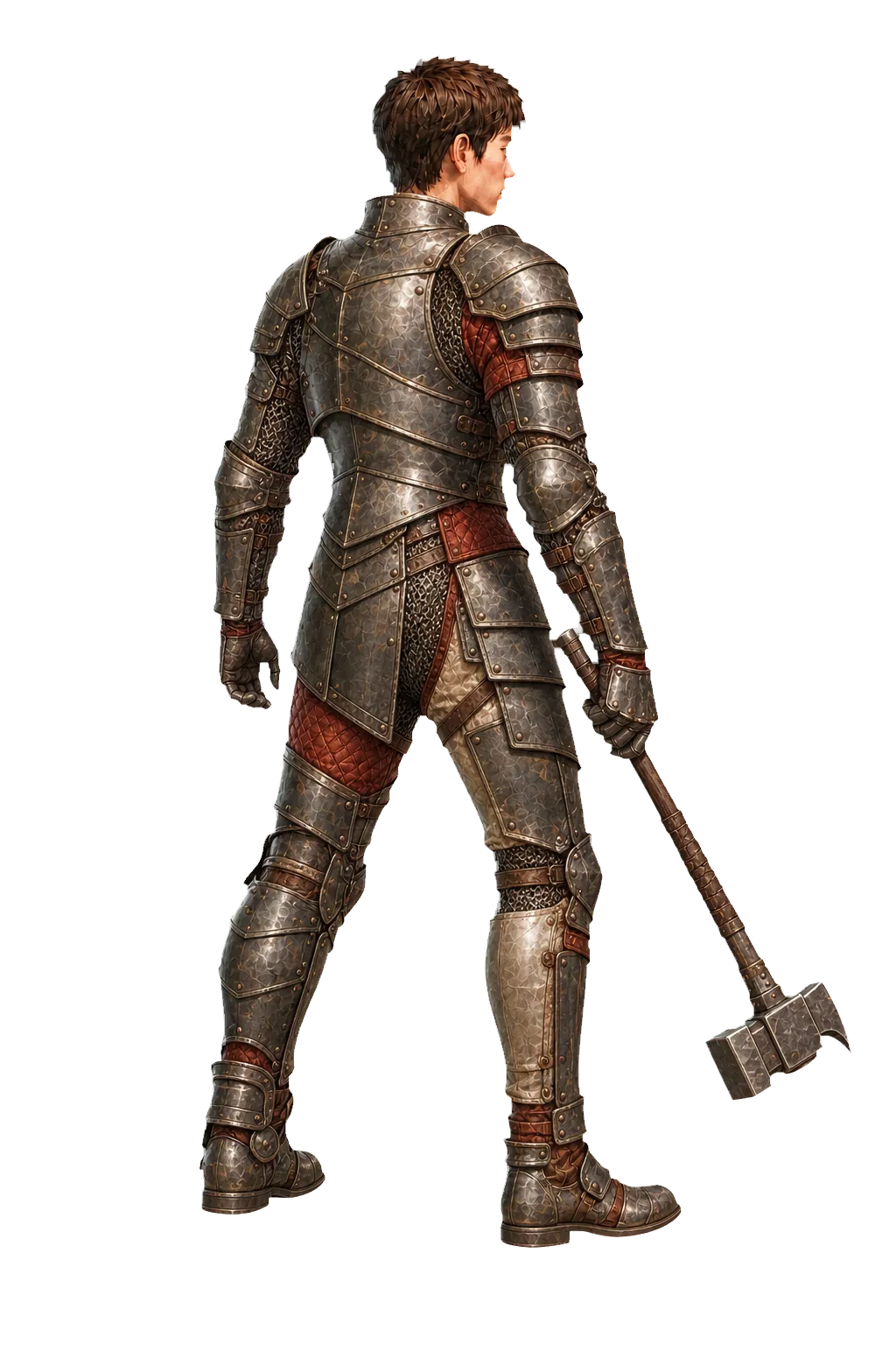 The hero at mastery: full weathered armor and a warhammer