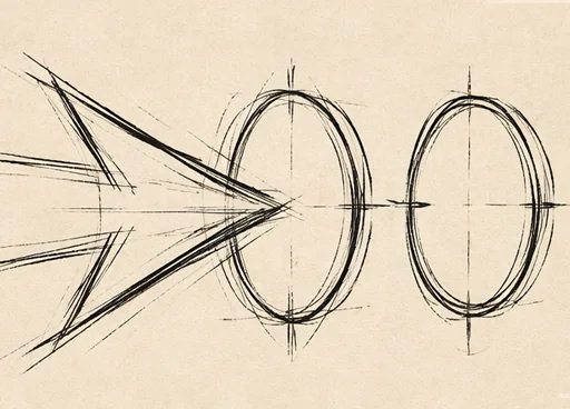 Loose ink study of a force line aimed through two circular barriers